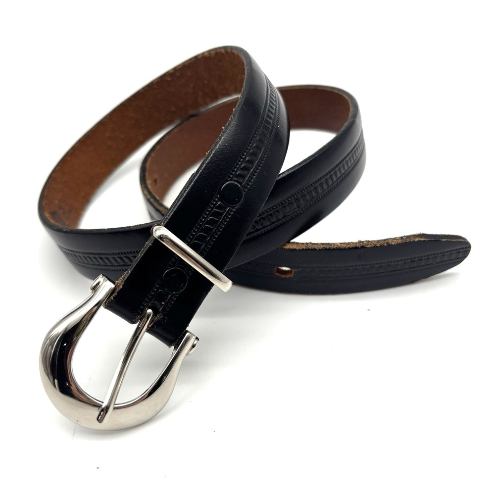 Vintage 80s Black Tooled Top Grain Genuine Bridle Leather Western Belt 28 26-30"